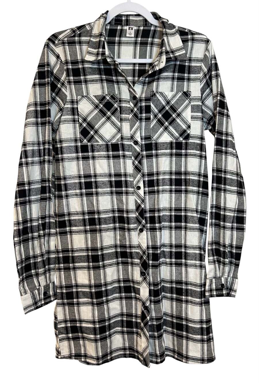 it's Black and White Plaid Long Sleeve Button-Down Shirt Dress Size S